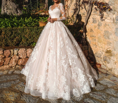 A Line Wedding Dresses Illusion Long Sleeve Scoop Neck Lace Applique Bridal  Gown | eBay