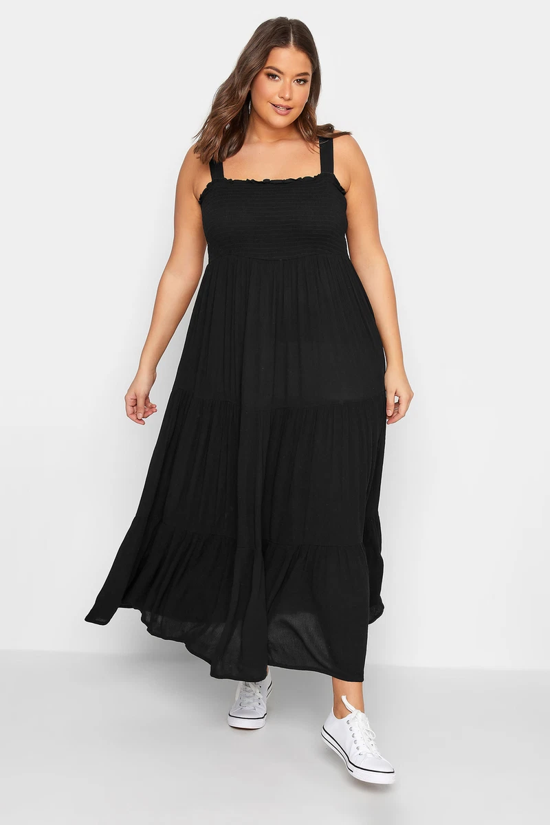 YOURS Curve Plus Size Shirred Strappy Midi Dress