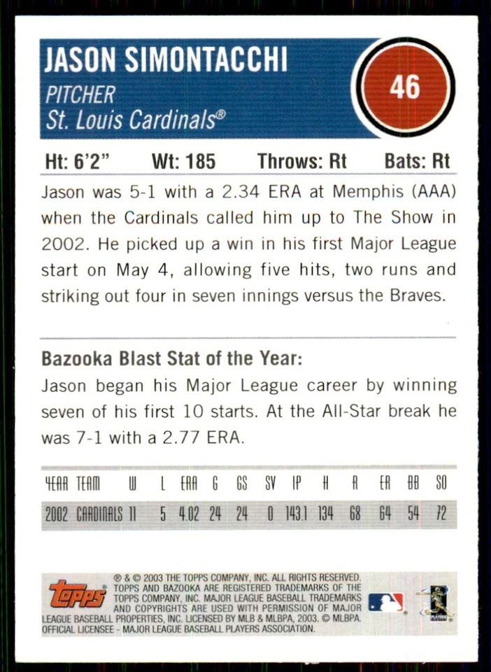 2003 Bazooka Baseball Jason Simontacchi St. Louis Cardinals #46 - Image 2 of 2