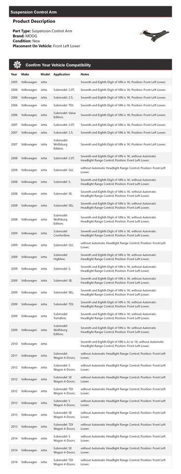 Brazo de control de suspensión delantero izquierdo inferior MOOG 2005-2014 Volkswagen Jetta Foto 2 de 4