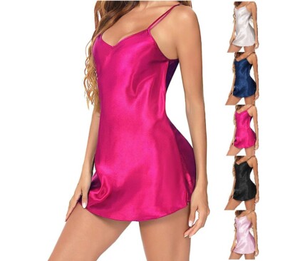 Camicia Da Notte Sexy In Raso Babydoll - Sottoveste Scollo A V Con Spalline Sottili, Taglie S-XXL - Foto 7