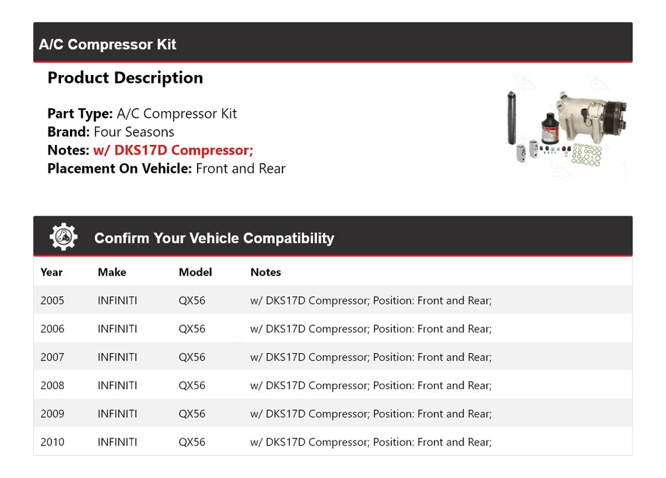 Kit compresor aire acondicionado delantero y trasero Infiniti QX56 2005-2010 4 estaciones 2006 Foto 2 de 4