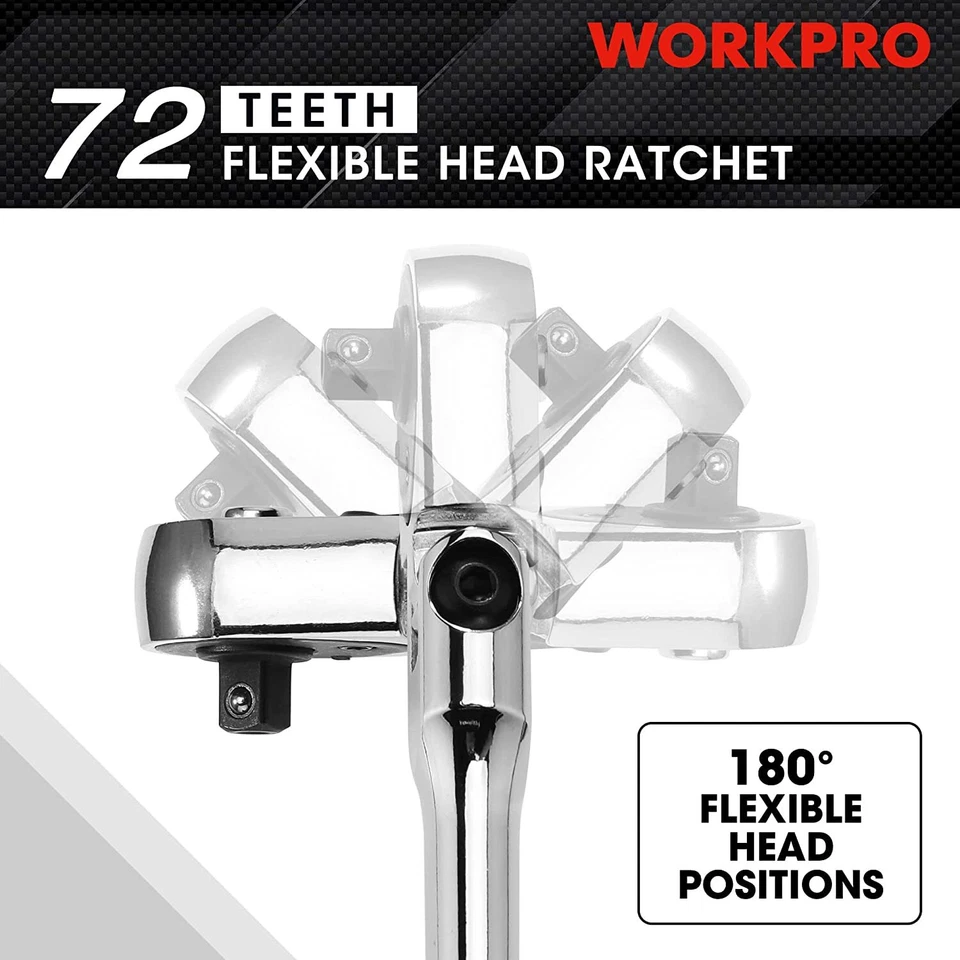 WORKPRO 2PC Flex Head Ratchet Set 1/4" 3/8" Drive 72-Tooth Ratchet Quick Release - Image 4 of 4