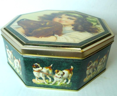 Cookie Victoria Graphics Victorian Blue Eyed Girl and Retriever Octagon Tin 1994 - Picture 3 of 8