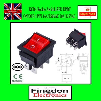 KCD4 Wippschalter ROT DPDT ON/OFF 6 PIN 16A/250VAC 20A/125VAC
