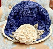 Elegant Handmade Floral Wool Crochet Bucket Hat - Blue w/ Cream Floral Rose