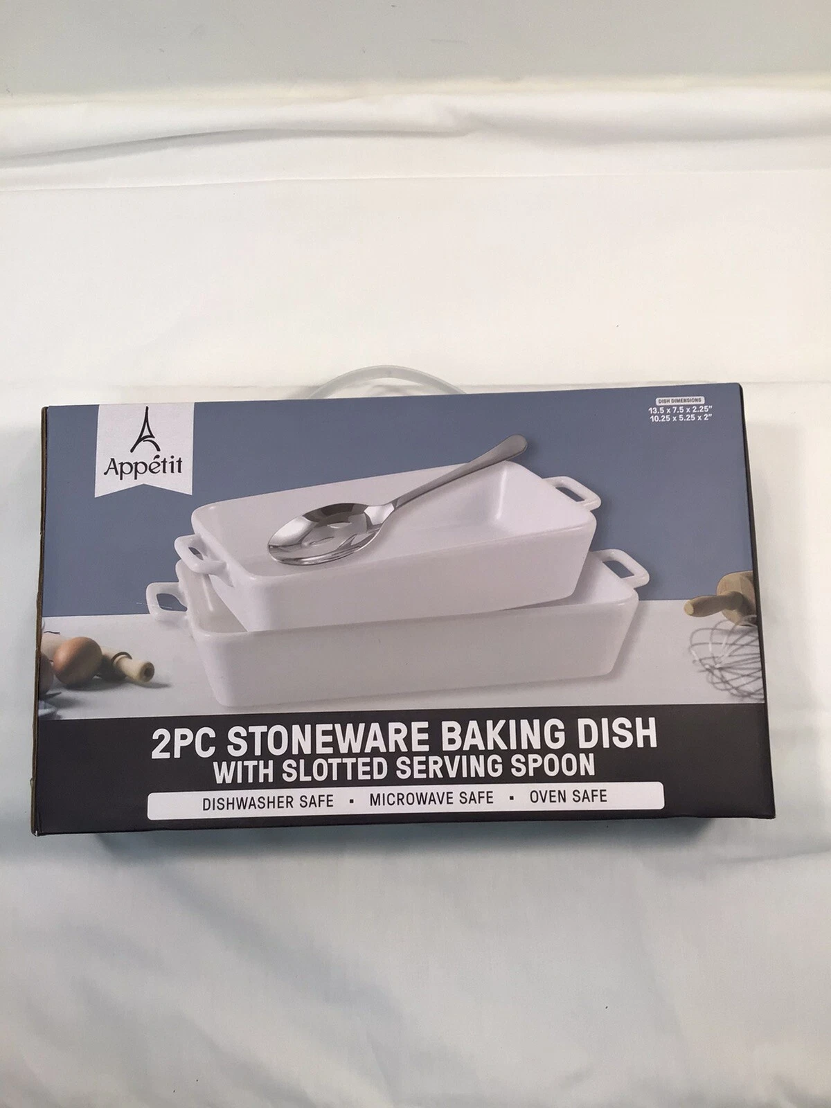Appetit 2 Pc Stoneware Baking Dish Set of Two w/ Slotted Serving Spoon, White