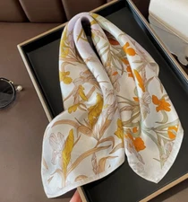 100% Mulberry Silk 20''  Square Scarf Small Bandana White Yellow Flowers Leaves