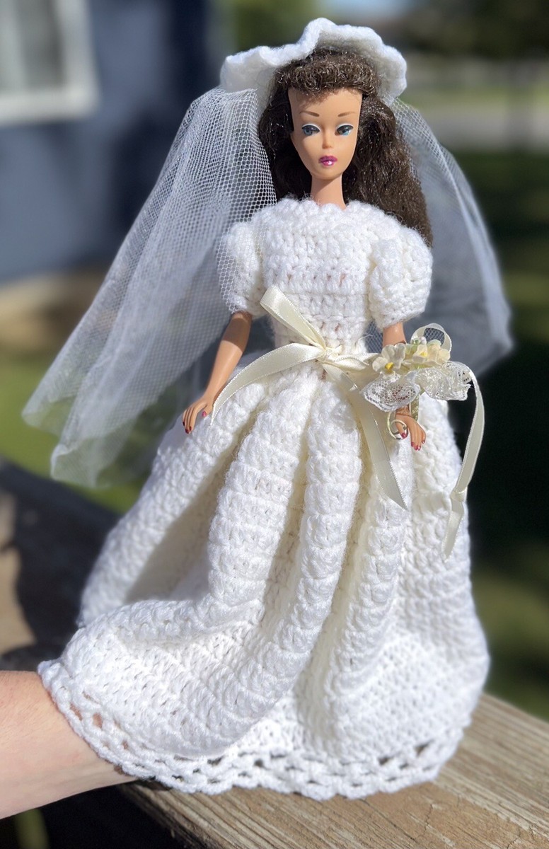 Vintage Handmade Barbie Size Wedding Dress, Bouquet, And Vail