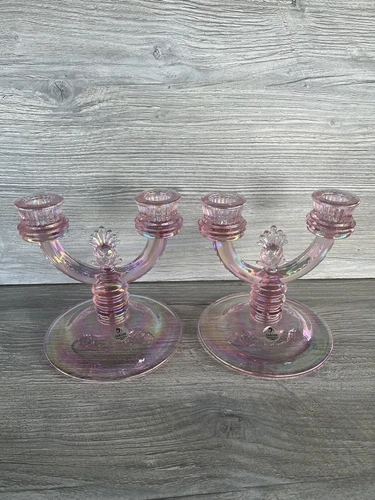 Fenton Iridescent Pink Double Arm Candlestick Candle Holders Pineapple Set Of 2