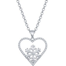 Classic Women's Pendant Sterling Silver Cubic Zirconia Heart w/ Snowflake Design