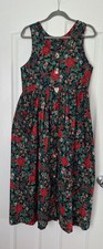 Vintage Christmas Retro Dress Size S Green Red Floral Print Button Down Sleevele