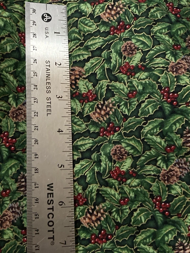 Cotton Fabric Green Holly Red Berries Pinecones Gold Metallic Accents 31" x 44"W - Image 2 of 3