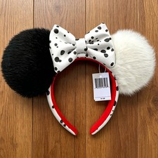 Disney Parks 101 Dalmatians Polka Dot Bow Ear Headband Black White Fluffy Pom