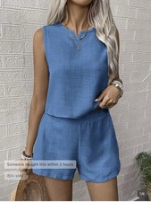 Blue Blended Fabric Top  Shorts Set, Sleeveless, V Neck, Lightweight