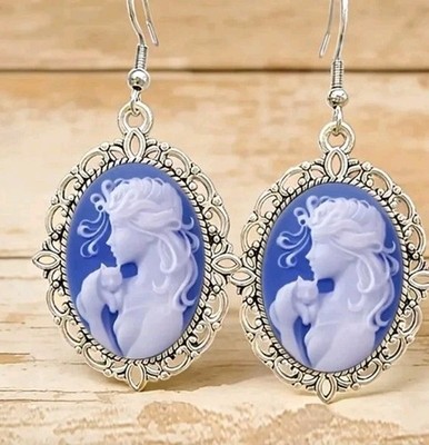 French Style Faux Cameo Style Earrings  white &blue,girl Holding Her Cat ,Hooks