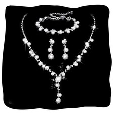 Silver Pearl Bridal Wedding Jewelry Set Rhinestone Necklace Earrings Bracelet Se