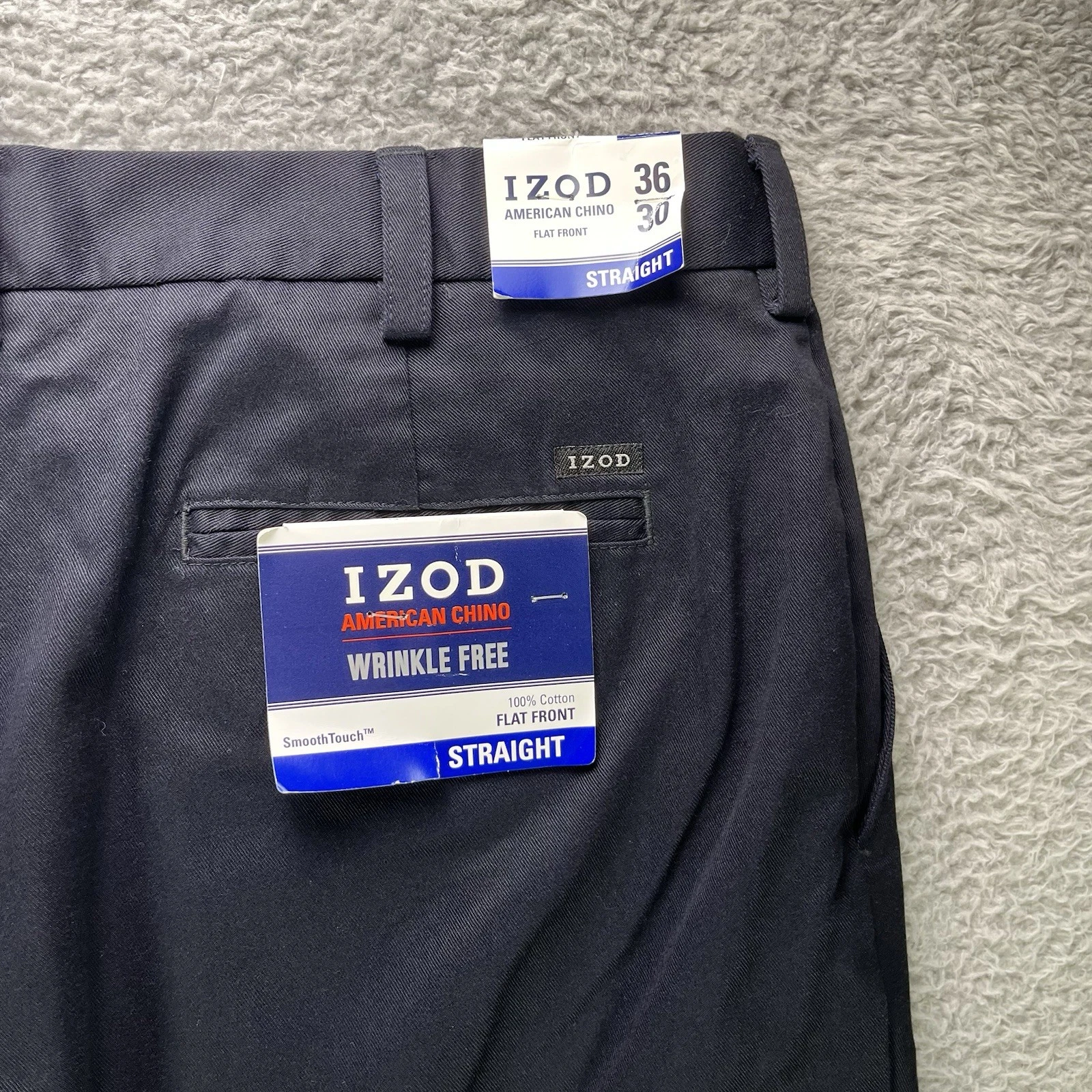Izod Chino Pants Mens 36x30 Black Straight Flat Front Cotton Wrinkle Free NWT
