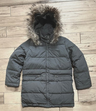 BONPOINT GREY DOWN PUFFER COAT, SNAP-OFF HOOD  FUR TRIM, GIRL'S 8, EUC