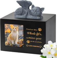 Pet Urn for Cat Ashe, Black Wooden Keepsake for Hair, Memory Box with Resin Anim