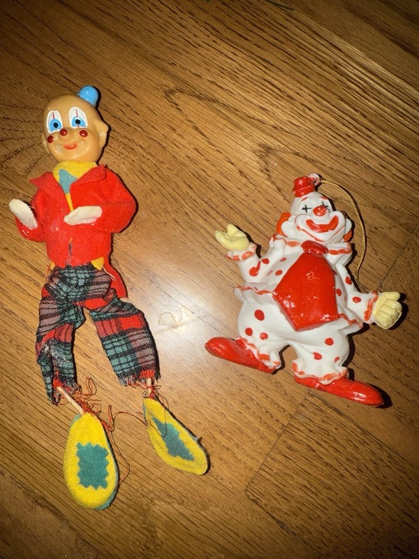 Vintage Ornament Set Of 2 Pixie Elf Clown Bendable/ Posable & Plastic Clown, MCM