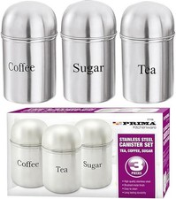 3 x Stainless Steel Canister Coffee | Sugar | Tea Kitchen Storage Containers