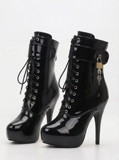 Schwarze Schnürstiefeletten Plateau Stiletto High Heels Clubwear Fetisch Vorhängeschloss