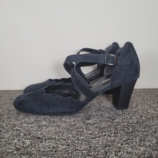 Gabor Fiji Black Heels Cross Strap Court Shoes Block Heel Suede Leather Size 4.5