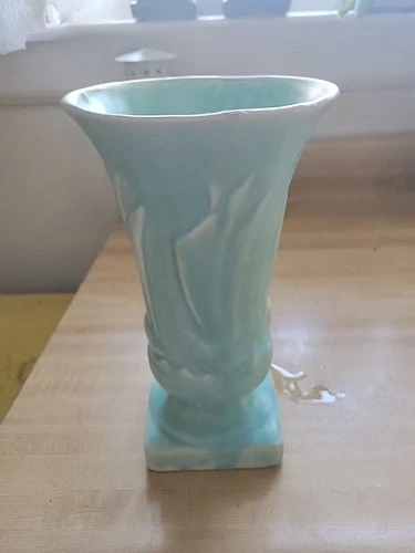 Vintage McCoy Pottery Matte blue Sailboats Vase 9” Tall