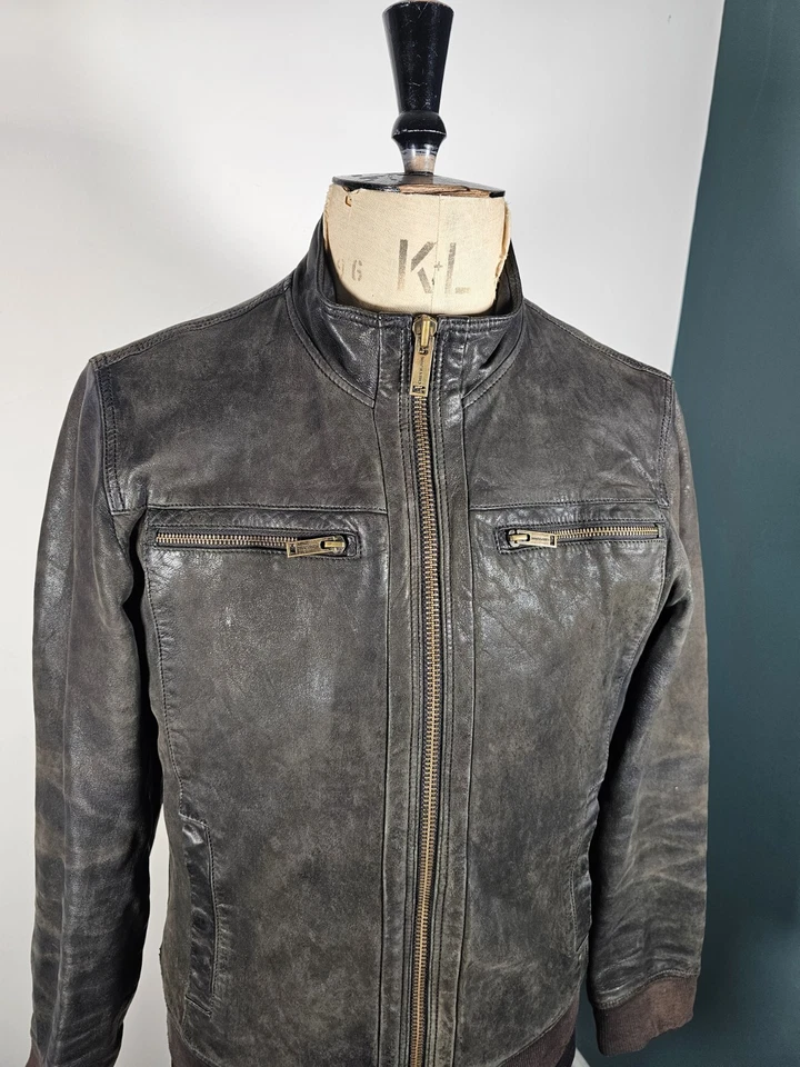 Chevignon Lambskin Leather Jacket Men's Medium Racer Black Faded Soft Slim Biker - Image 2 of 4