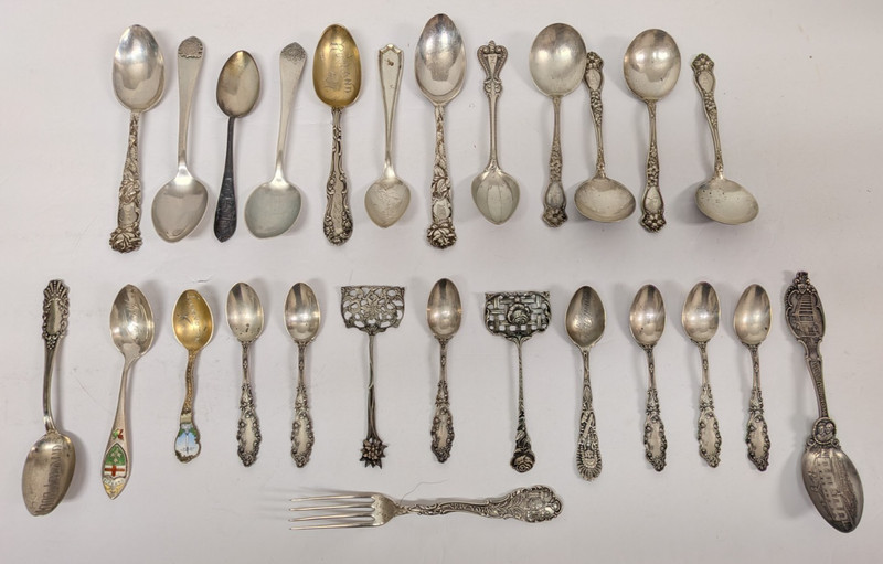 Vintage Silver Souvenir Spoons & Fork Collection - 25+ Pieces - Ornate Sterling