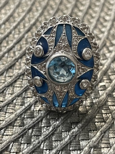 925 Sterling Silver Blue Topaz & Cz Gemstone Ring Sz 9 - Picture 7 of 17