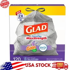 Glad ForceFlexPlus 13 Gal Drawstring Trash Bags, Gain Lavender Scent, 120 Ct