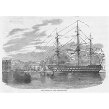 HMS CANOPUS off Lisbon - Antique Print 1847