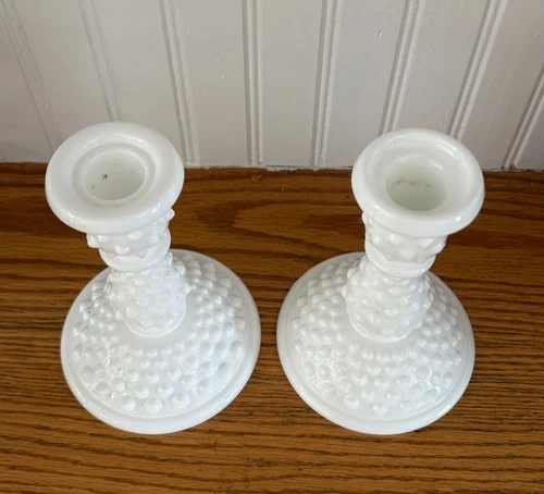 VTG Fenton Country Farmhouse Hobnail Milk Glass Candlesticks
