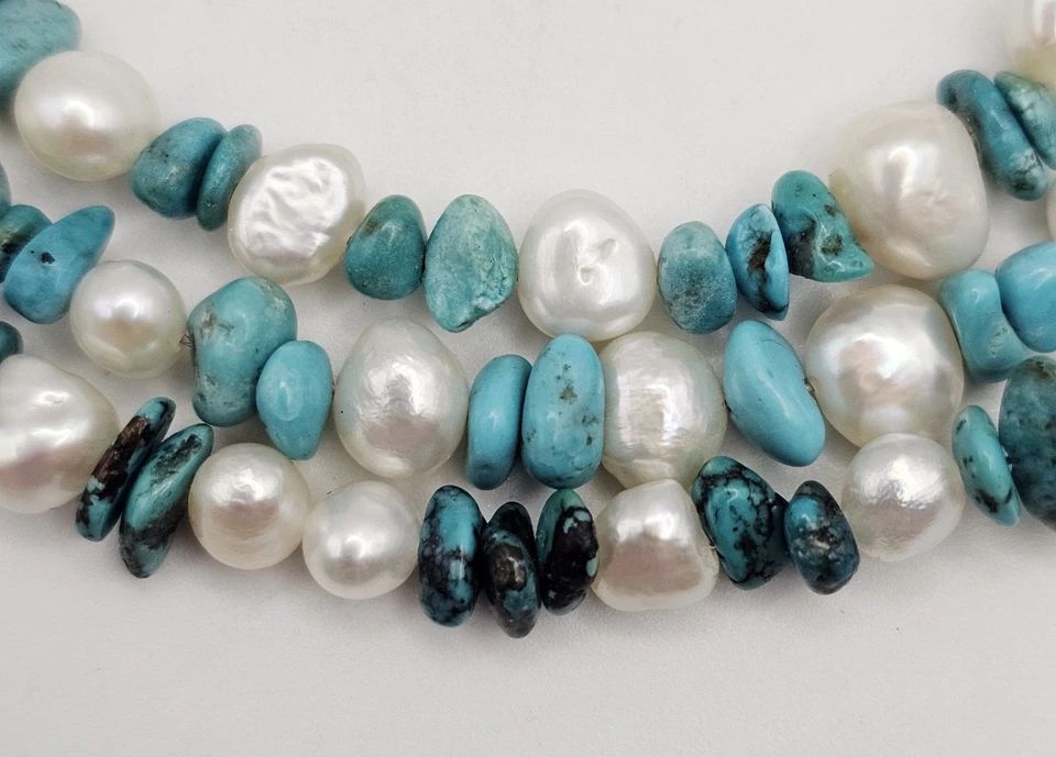 Collar Multihilo Vintage Tica Rosa Plata Esterlina Turquesa Perla Cuentas Foto 3 de 4