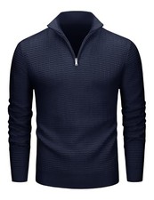 Men's Sweaters 1/4 Zip Knit Waffle Textured Pullover for Fall Large Navy