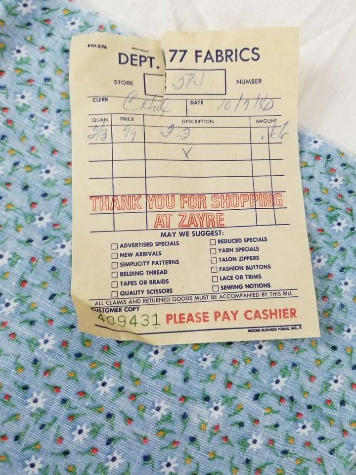 Vintage Zayre Blue Calico Fabric 1980 1-piece 44" W x 2/3 yard L new w/ receipt - Image 2 of 4
