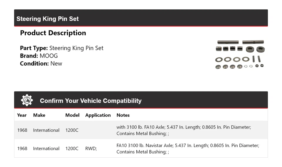 Juego de pasadores de dirección International 1200C 1968 MOOG Foto 2 de 4