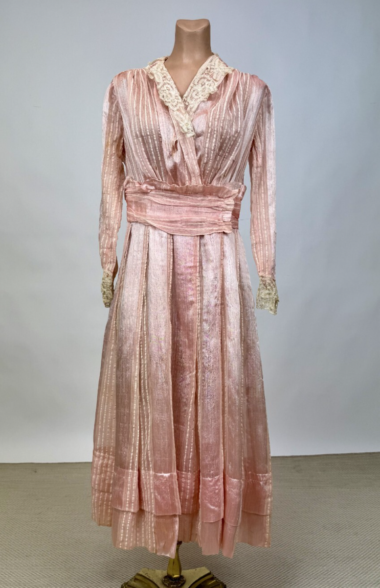 Antique Edwardian 1910s Pink and Cream Striped Tape Lace Day Dress Silk AS  IS