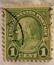 1909 Lime Green 1 Cent Benjamin Franklin Postage Stamp. No Gum. LOWEST PRICE!!!