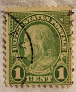1909 Lime Green 1 Cent Benjamin Franklin Postage Stamp. No Gum. LOWEST PRICE!!!