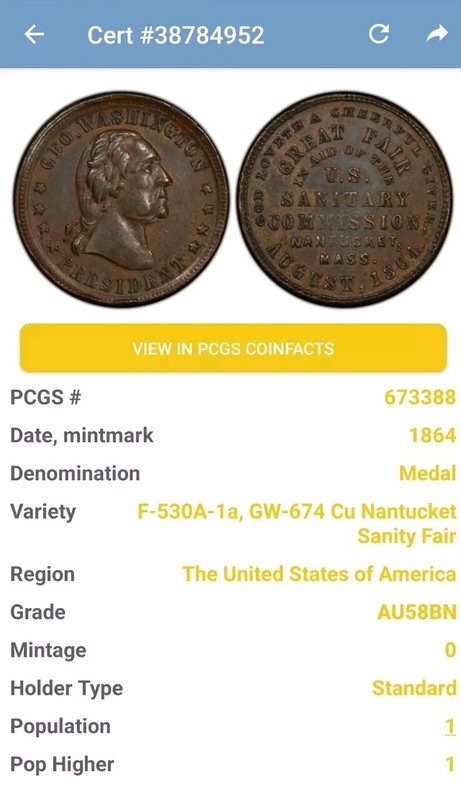 1864 Civil War Token George Washington  Great Fair Nantucket MA F 530A-1a CB1164