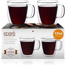  Coffee Mugs Glass Double Wall Cup Set Best Large Coffee Espresso Latte Tea 12oz