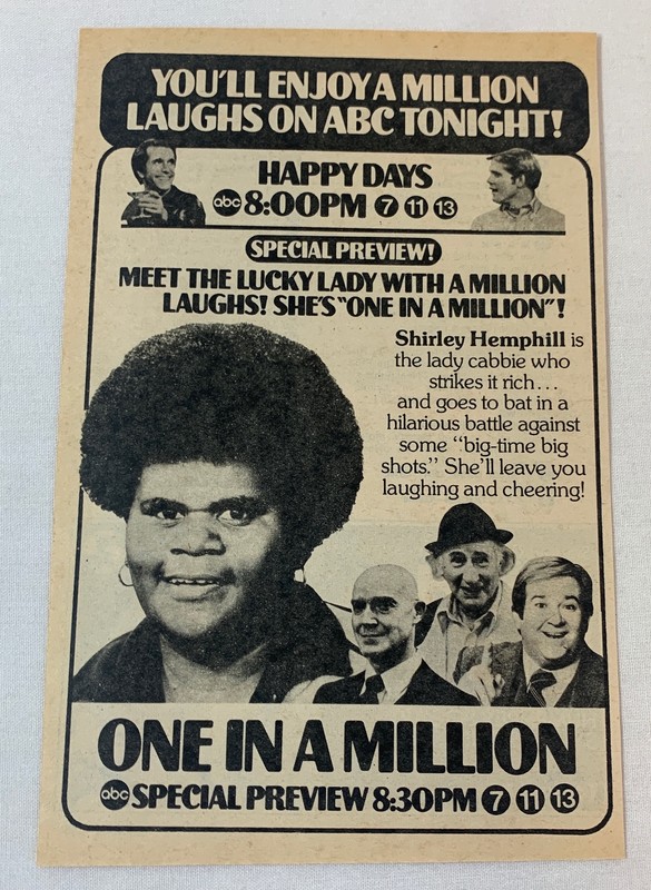1980 ABC tv ad ~ HAPPY DAYS, ONE IN A MILLION Shirley Hemphill lady cabbie