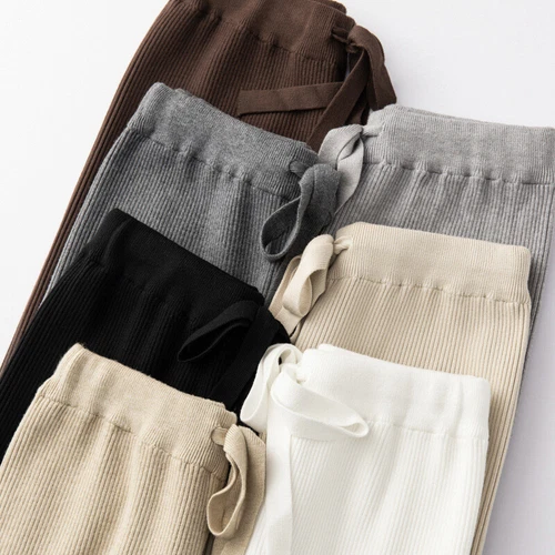 Lockere Damenhose weites Bein hoher Bund Wolle Kaschmir Strick gerade lange Hose - Bild 3 von 31