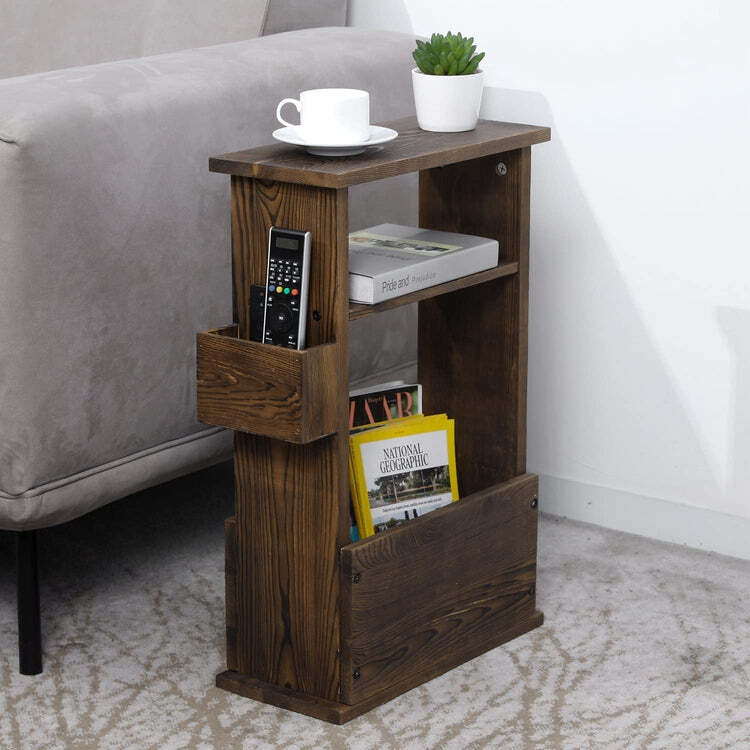 Burnt Wood End Table with Magazine Holder, Shelf and Remote Control ...