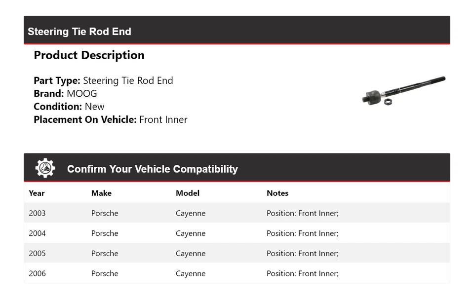 Para Porsche Cayenne 2003-2006 extremo de barra de dirección interior delantero MOOG 2003 2004 Foto 2 de 3