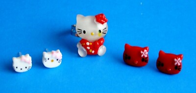 2 St. HELLO KITTY OHRRINGE ANTIALLERGISCH SILIKONVERSCHLUSS + Geschenk 1 Ring...