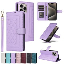 For iPhone 16 Pro Max 15 14 13 12 11 8 7 SE Leather Wallet Case with Wrist Strap